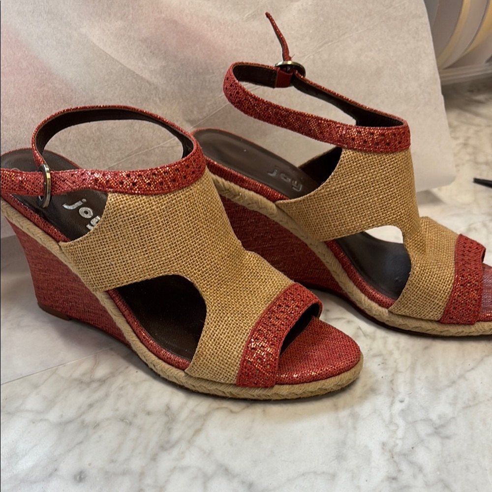 Stylish Red and Tan Wedge Sandals with Ankle Strap